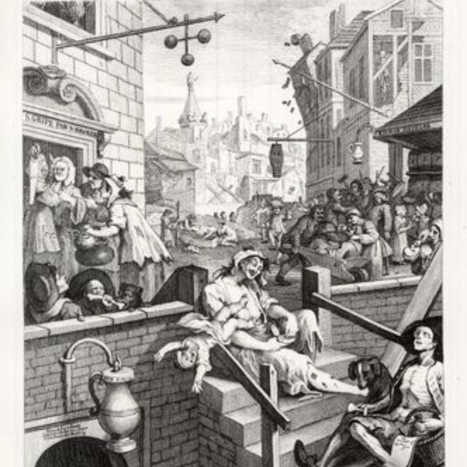 Gin Lane. The Gin Craze of affordable hooch made public drunkenness a massive problem, bringing forth the Gin Act of 1751.