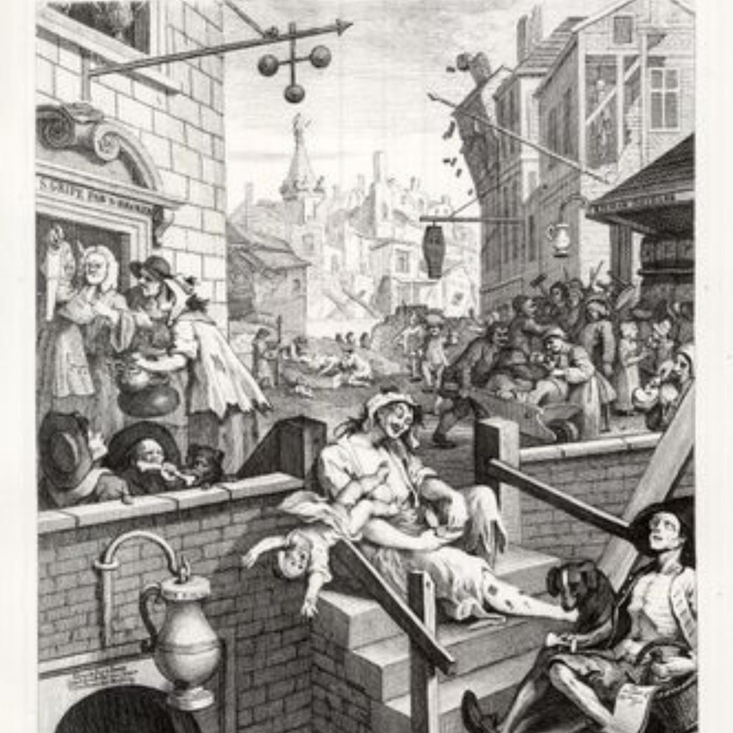Gin Lane. The Gin Craze of affordable hooch made public drunkenness a massive problem, bringing forth the Gin Act of 1751. 
