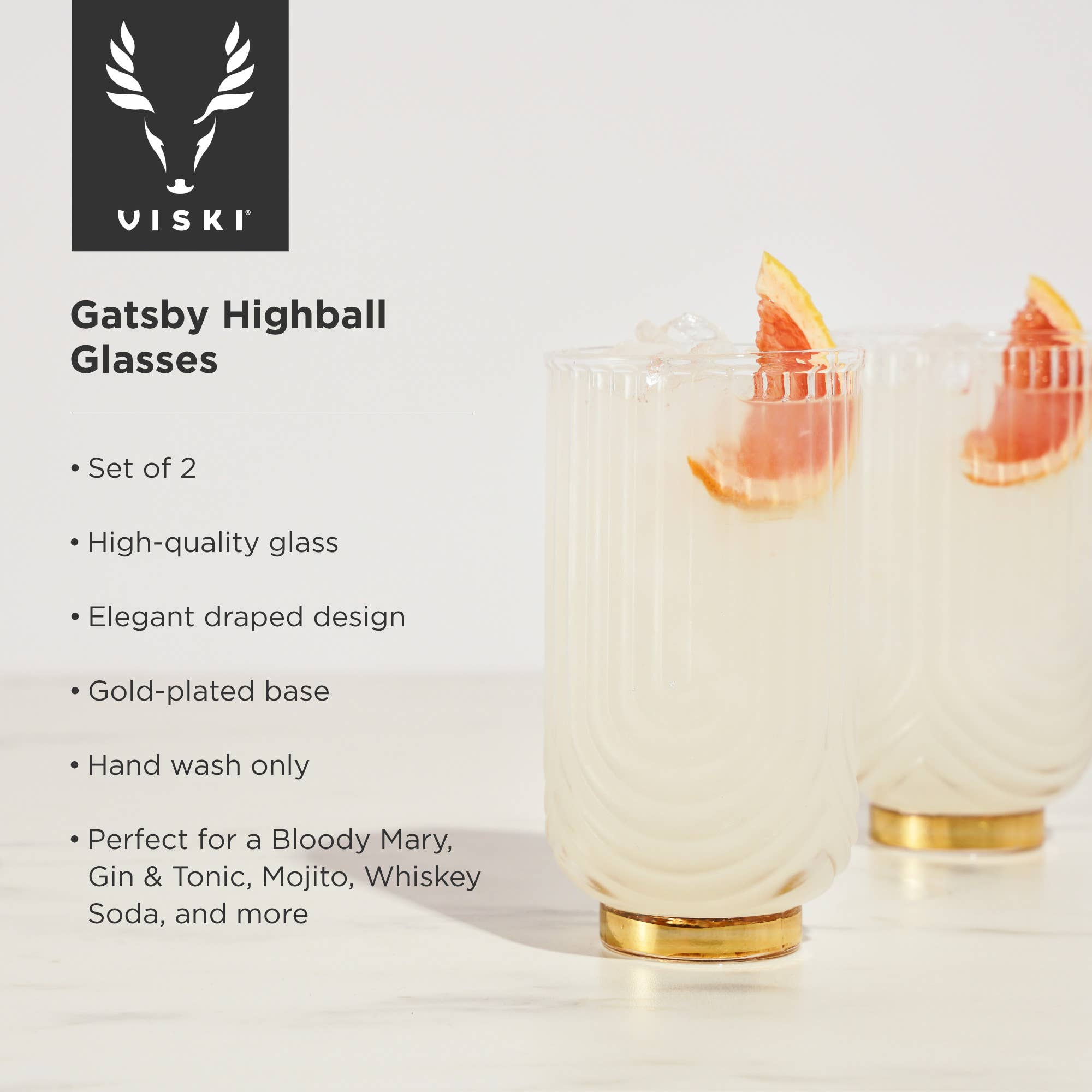 Deco Gatsby Gold - Plated Glass Highball Glasses - Set of 2 - Durham DistilleryCocktail GlasswareViski