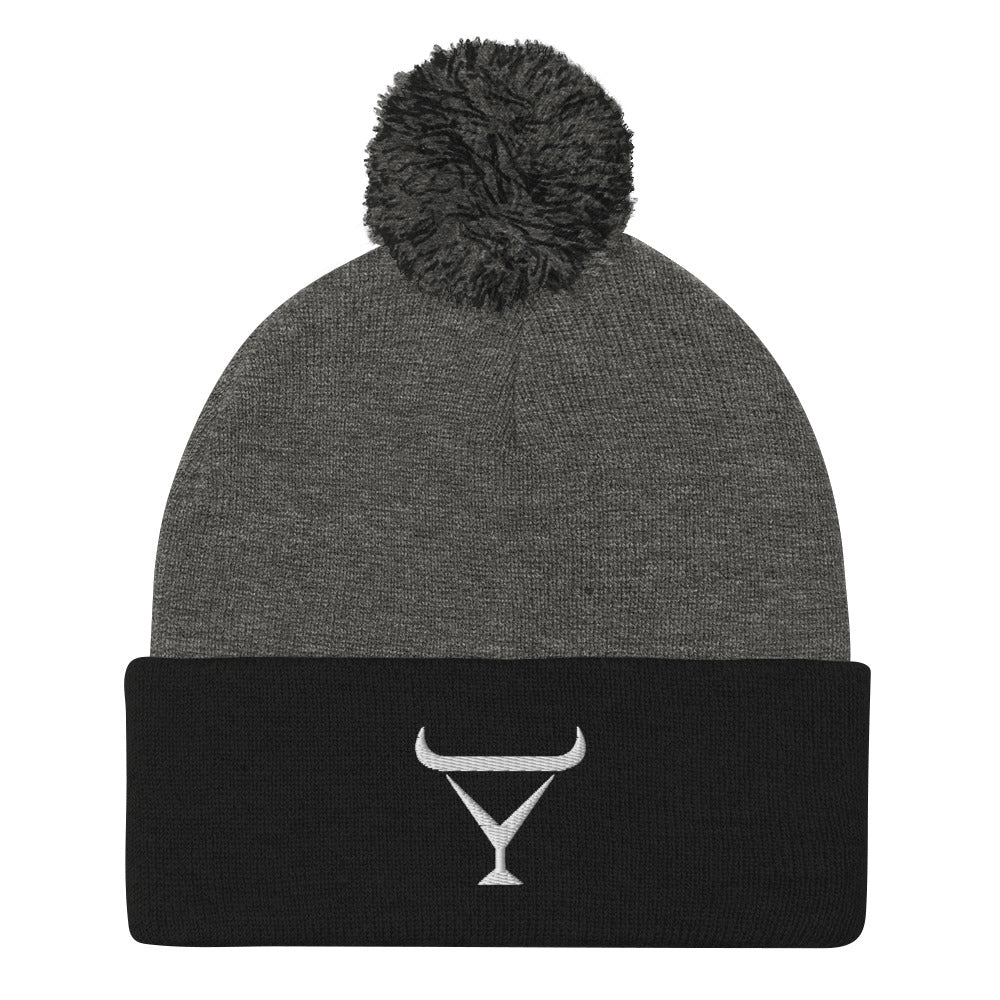 Embroidered Conniption Gin Pom - Pom Beanie (Black and Dark Heather Gray) - Durham DistilleryDurham Distillery